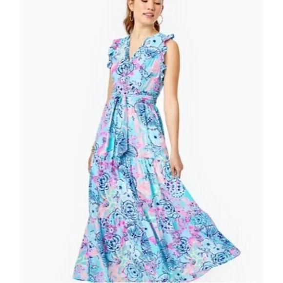 Lilly Pulitzer Destini Maxi Dress Bali Blue Once Upon a Tide Belt Ruffle 12 - Picture 1 of 12